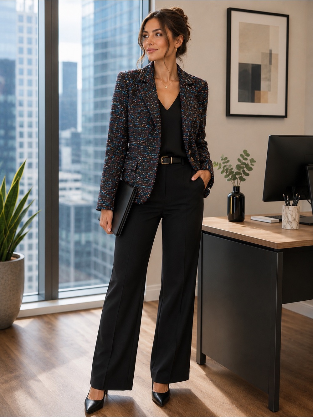Erin London Multicolor Tweed Blazer Size Large Black Confetti Career Jacket